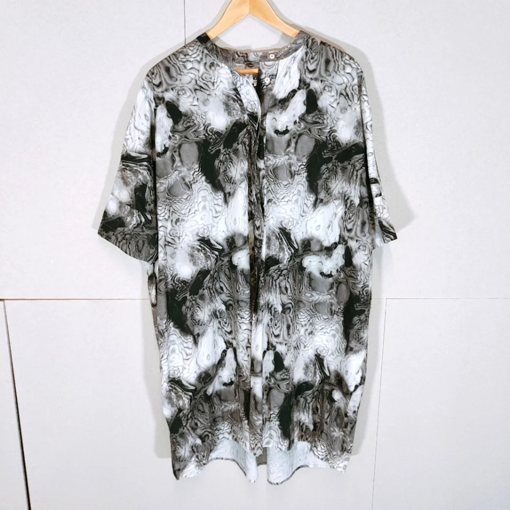 Kin Grey Dress Size UK 12 Marble Print Oversized Lagenlook Pockets Cotton Artsy - Picture 1 of 9